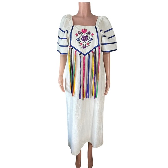 Jesus A Diaz Mexican Embroidered Ribbon Festival Dress White Blue Stripes M - Picture 1 of 12